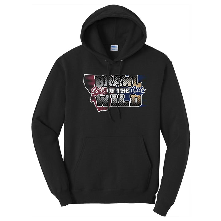 Black hoodie with UM Griz and MSU Bobcats 'Brawl in the Wild' graphic on a white background