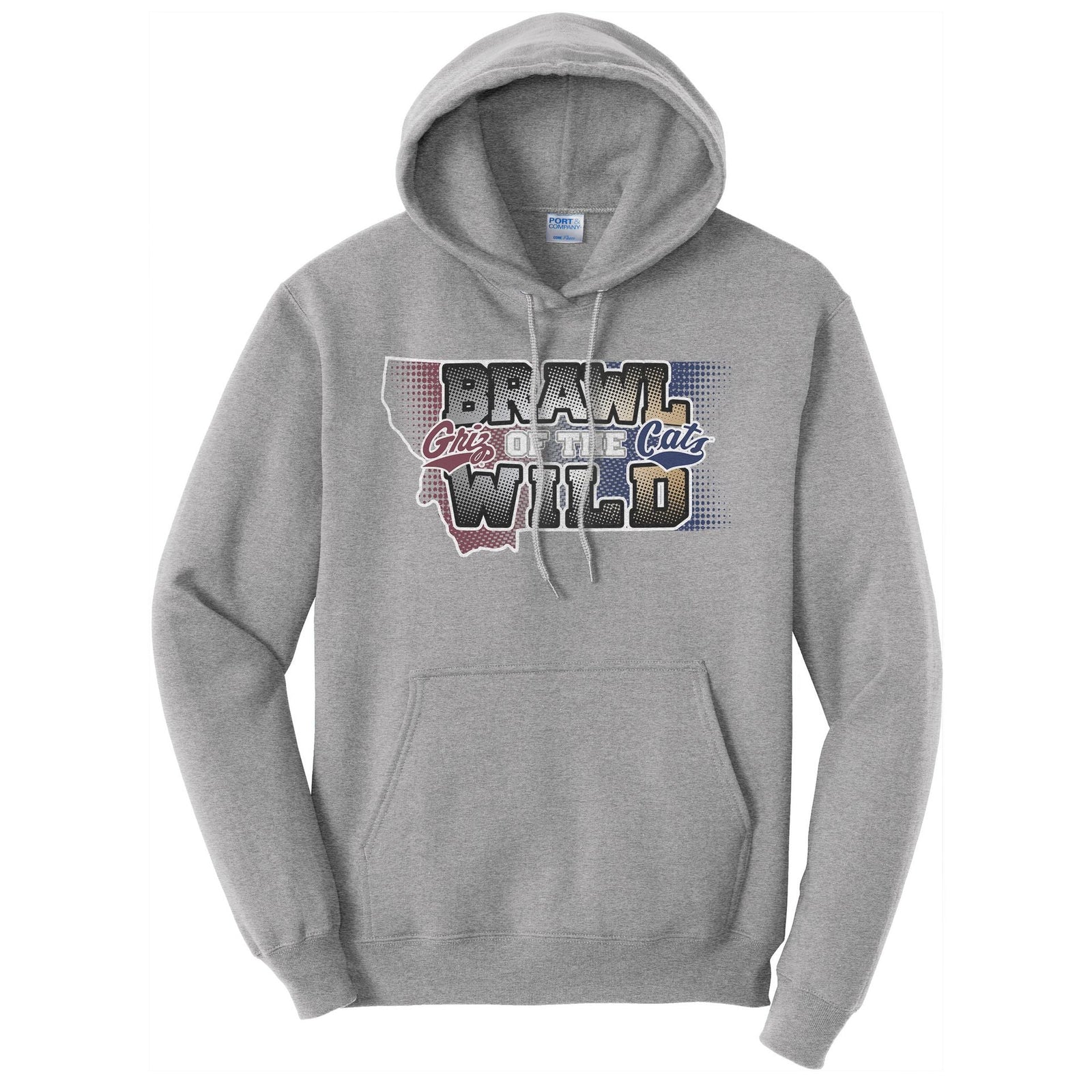 Gray hoodie with UM Griz and MSU Bobcats 'Brawl of the Wild' text design on a white background