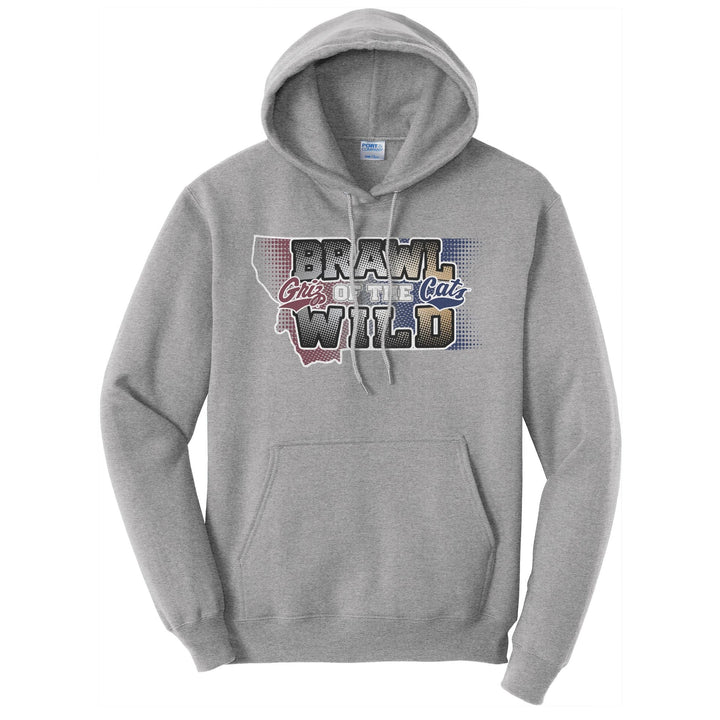 Gray hoodie with UM Griz and MSU Bobcats 'Brawl of the Wild' text design on a white background