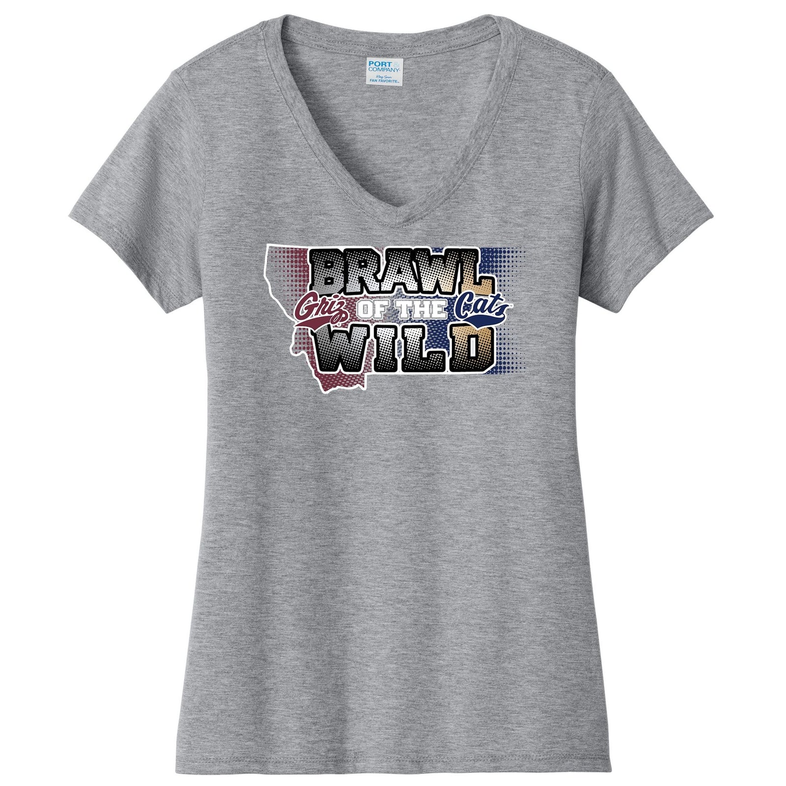 Gray t-shirt with MT Griz and MSU Bobcats 'Brawl of the Cats Wild' graphic on a white background