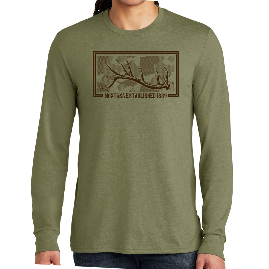 Military Green Tri-Blend Long Sleeve Tee printed with the Big Camo Tines design (an antler in profile against muted camo), made in Montana by Blue Peak Creative