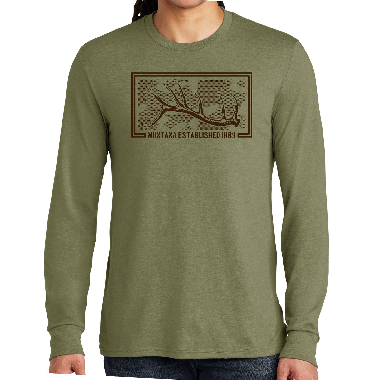 Military Green Tri-Blend Long Sleeve Tee printed with the Big Camo Tines design (an antler in profile against muted camo), made in Montana by Blue Peak Creative