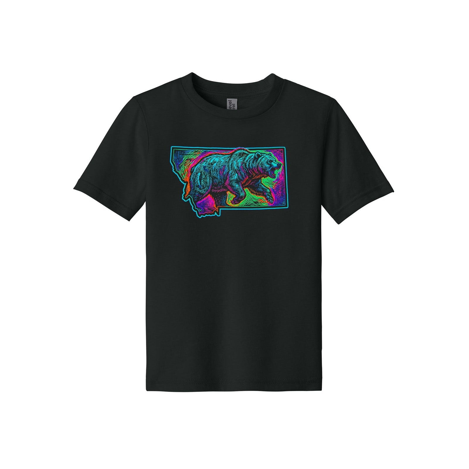 Black Next Level Apparel youth tee featuring a brilliant neon illustration of a bear charging through the outline of the state of Montana, designed and printed in Montana by Blue Peak Creative