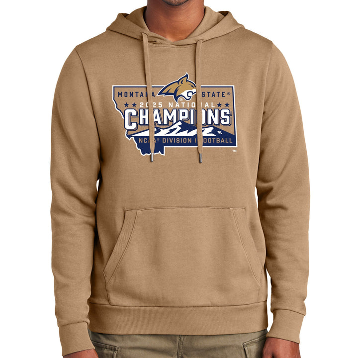 Beige Bobcats National Champions 2025 Wash Fleece Hoodie with bold blue, white, and gold Montana State 2023 National Champions graphic, made in Montana (home of the MSU Bobcats)