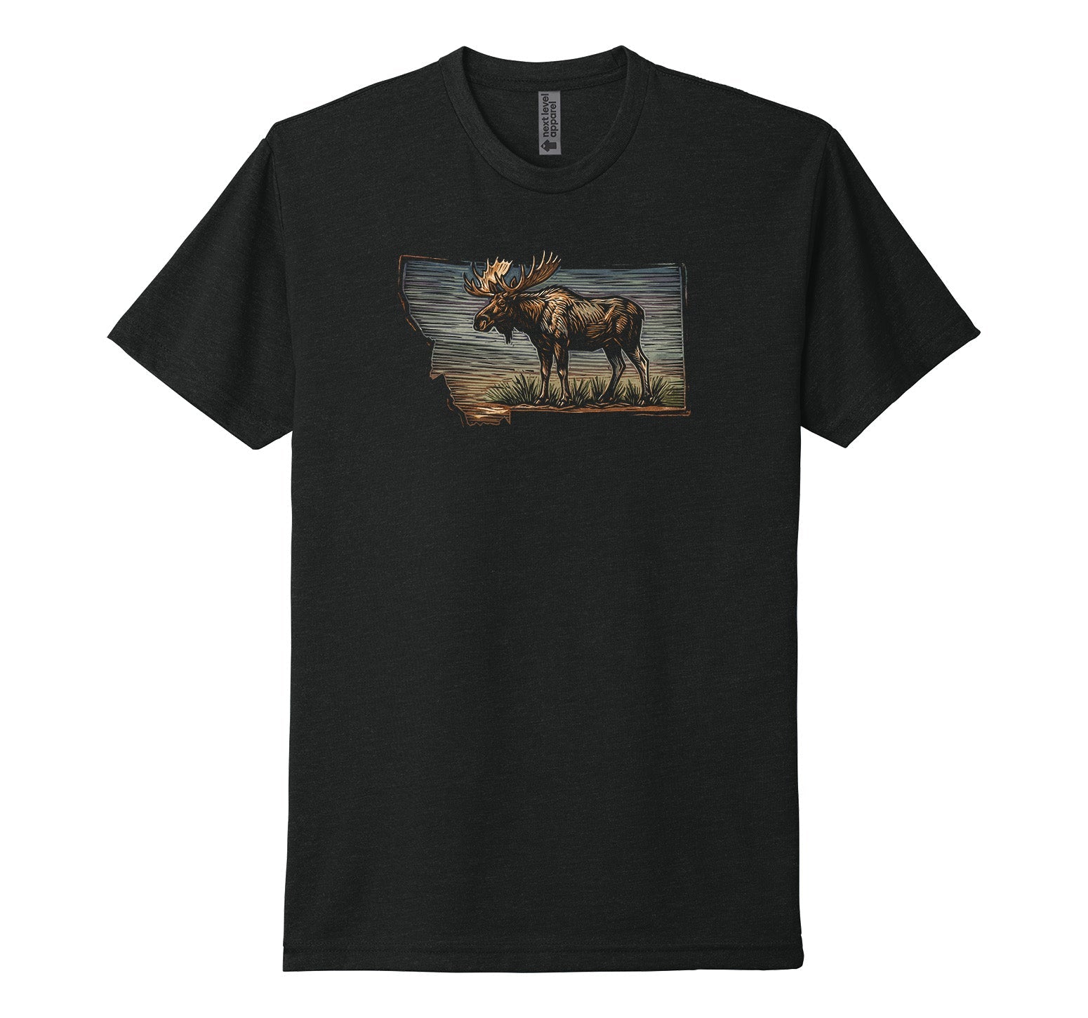 Black Next Level Apparel unisex tee featuring a woodcut-style illustration of a moose in earthy tones, its rack just barely jutting out of the outline of the state of Montana, designed and printed in Montana by Blue Peak Creative