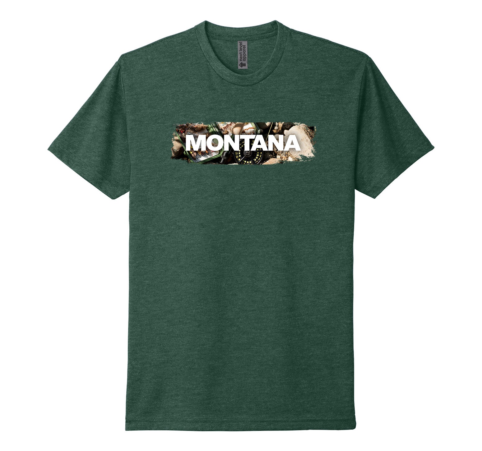 Heather forest green Next Level Apparel unisex adult tee featuring the official MT Department of Commerce ‘Montana’ lettering over the image of a a fly fishing reel, fly box, and river rocks, designed and printed in Montana by Blue Peak Creative