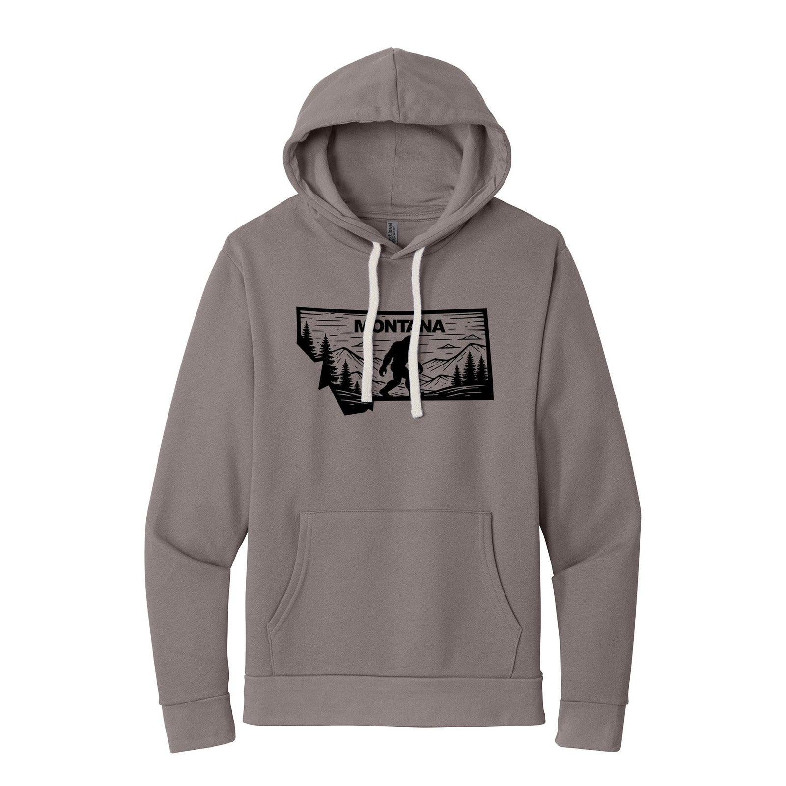 Grey-brown Next Level Apparel Adult Santa Barbara Pullover Hoodie
featuring a Bigfoot silhouette, mountains, trees, and ‘Montana’ lettering inside the outline of Montana, made in Montana by Blue Peak Creative