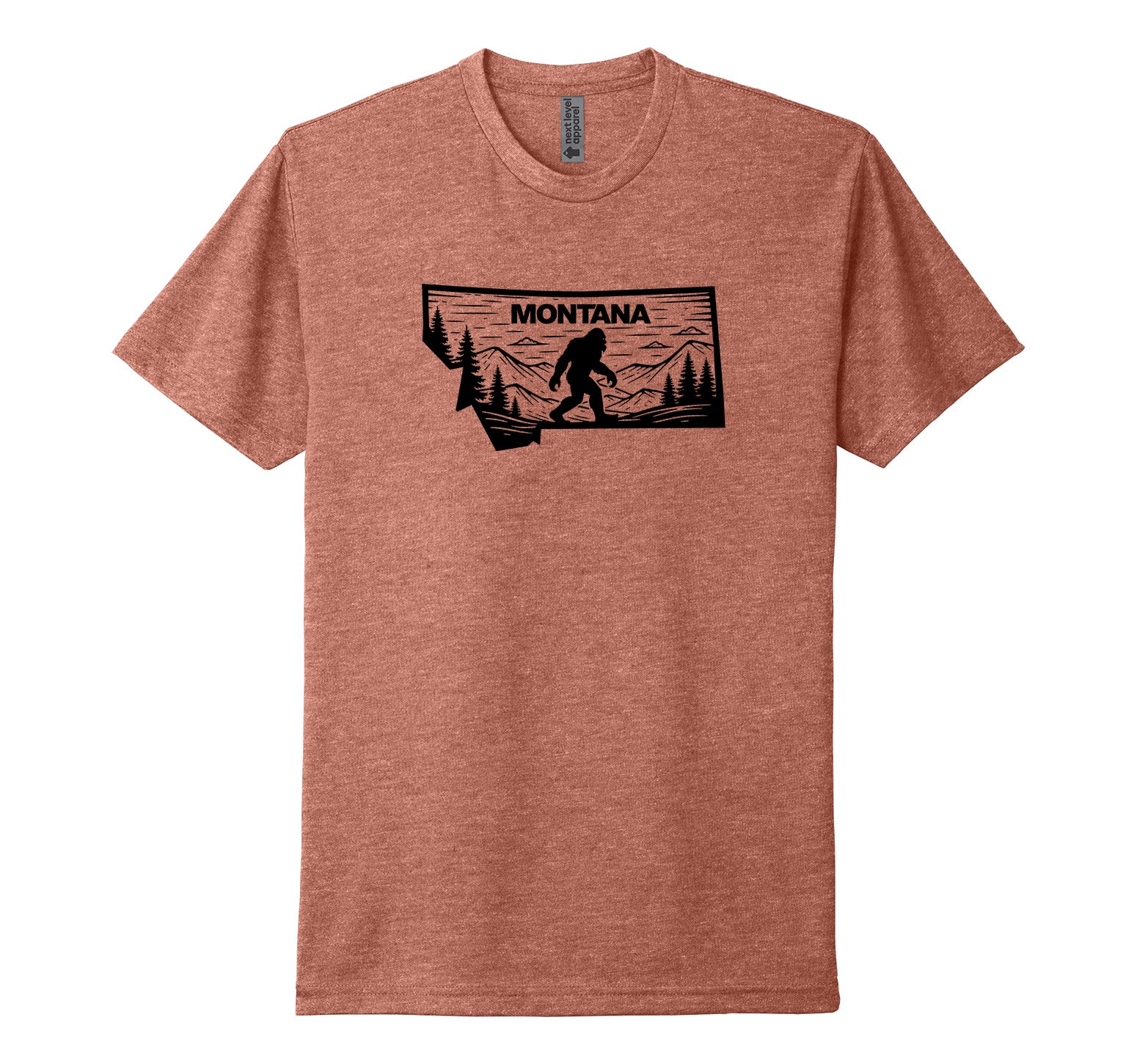 Heather redwood (red) Next Level Apparel unisex tee featuring a black illustration of Bigfoot striding through a landscape of mountains and trees under the text ‘Montana’, all within the outline of the state of Montana, designed and printed in Montana by Blue Peak Creative