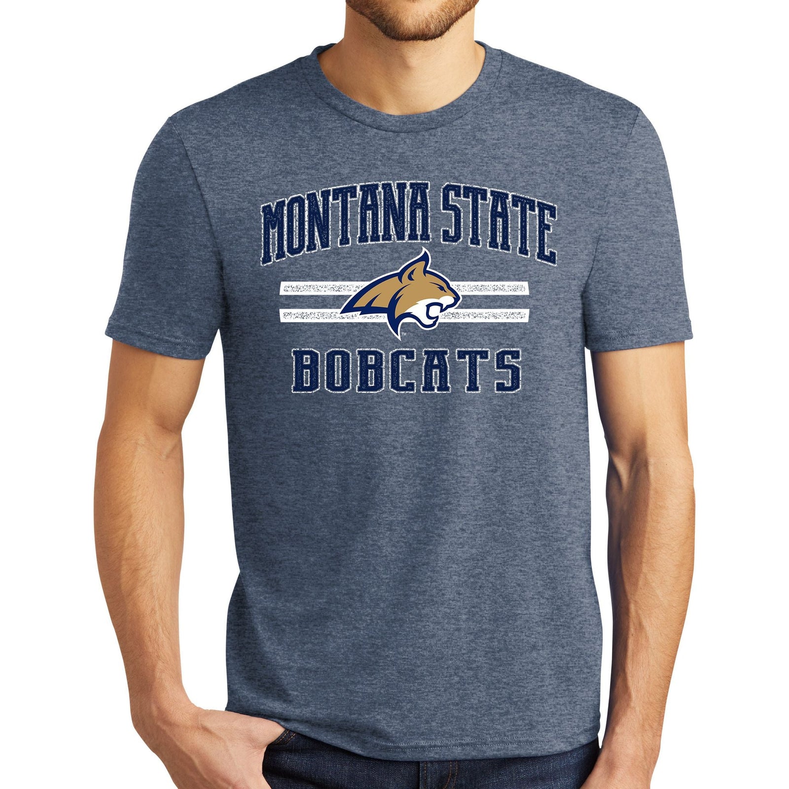 Blue Montana State Bobcats Stripes - Tri-Blend Tee with bold blue, white, and gold Montana State Bobcats Stripes graphic, made in Montana (home of the MSU Bobcats) by Blue Peak Creative