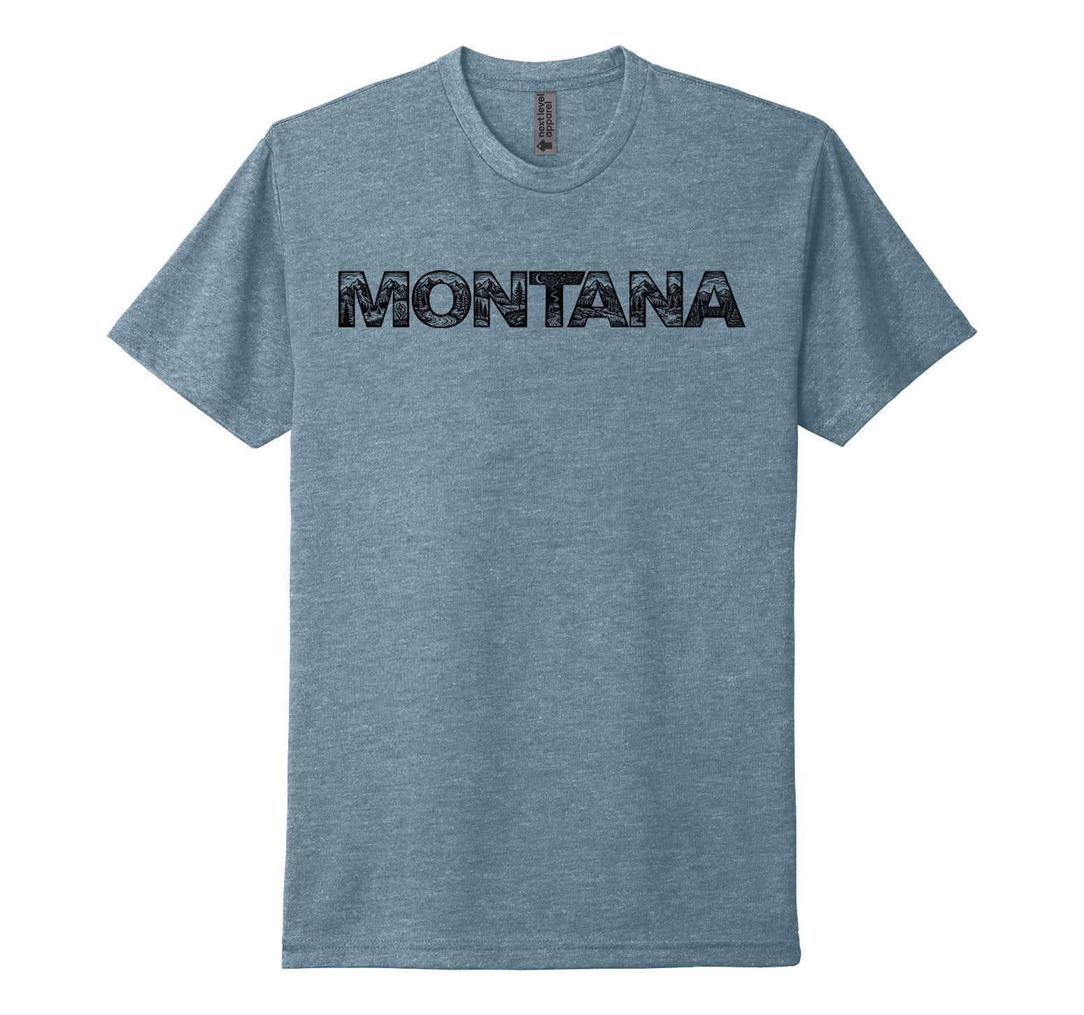 Heather slate blue Next Level Apparel unisex adult tee featuring the outline of the official MT Department of Commerce ‘Montana’ lettering filed in with graphics of trees, mountains, and trails, designed and printed in Montana by Blue Peak Creative