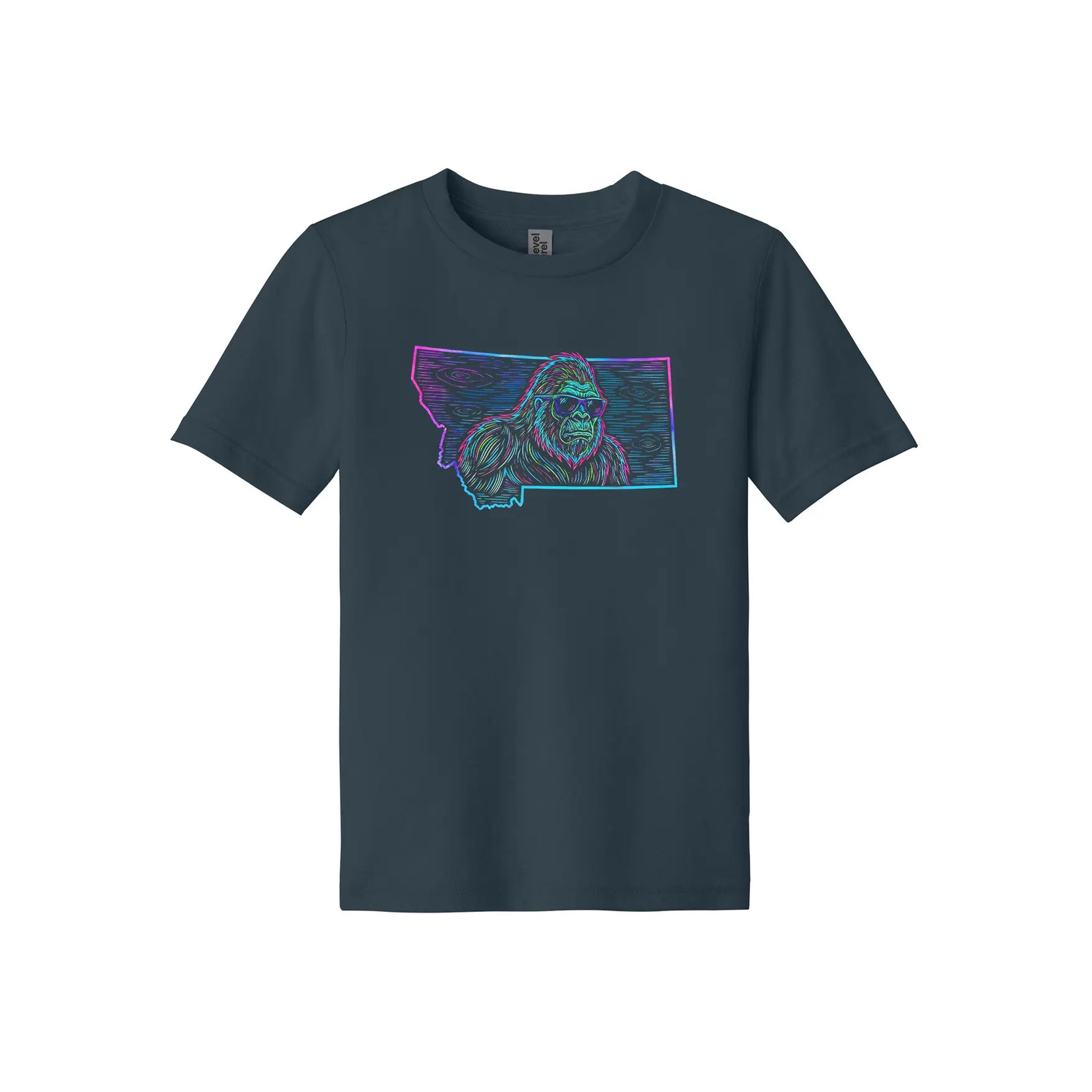 Black Next Level Apparel unisex youth tee featuring the outline of the state of Montana filled in with a line drawing of a bust of Bigfoot wearing sunglasses rendered in bright neon colors, designed and printed in Montana by Blue Peak Creative