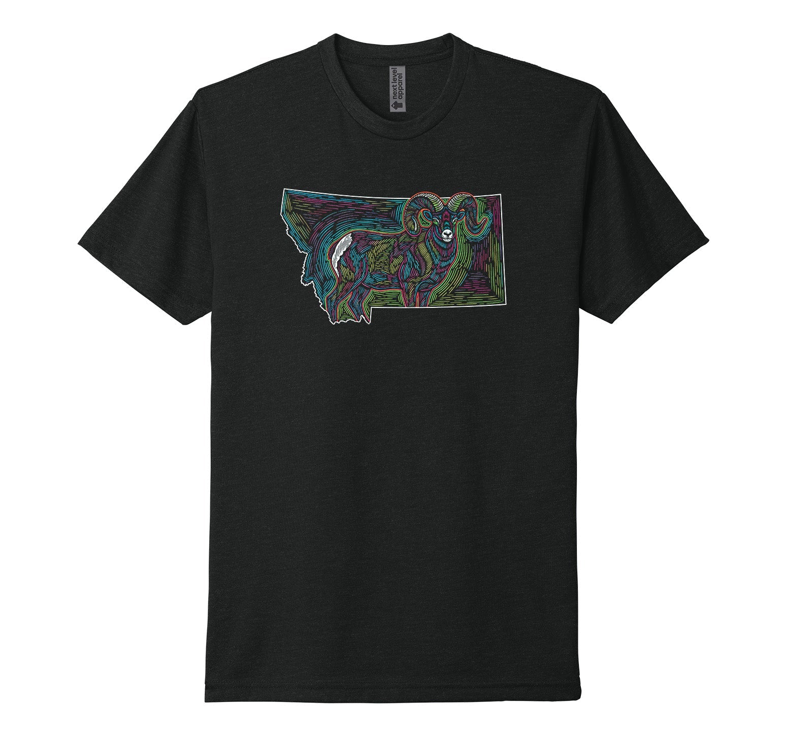 Black Next Level Apparel unisex tee featuring the outline of the state of Montana filled in with a line drawing of a bighorn sheep in bright neon colors, designed and printed in Montana by Blue Peak Creative