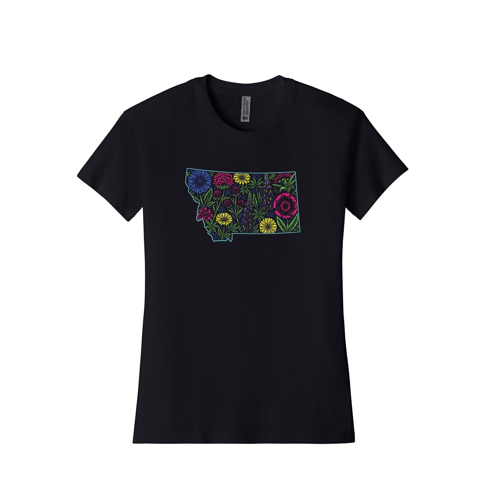 Black Next Level Apparel unisex tee featuring the outline of the state of Montana filled with a colorful assortment of wildflowers in neon hues, designed and printed in Montana by Blue Peak Creative