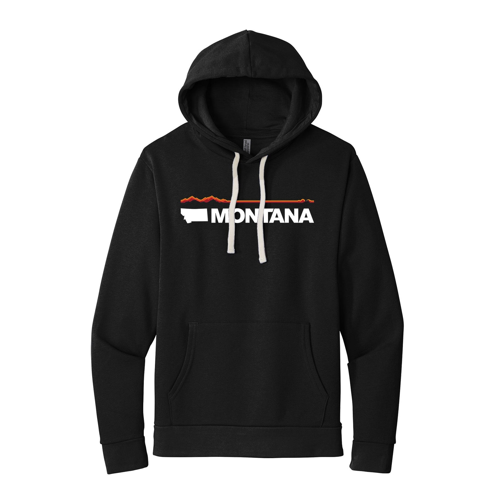 Black Next Level Apparel Adult Santa Barbara Pullover Hoodie
featuring elements of the official MT Department of Commerce ‘Montana Brand’—the solid shape of the state and ‘Montana’ lettering—plus a red and orange line representing Montana’s geography (mountains in the west/ left to plains in the east/ right), made in Montana by Blue Peak Creative