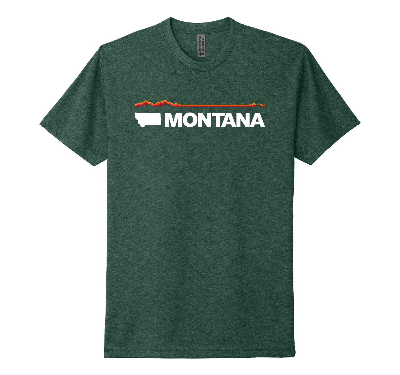 Heather forest green Next Level Apparel unisex adult tee featuring elements of the official MT Department of Commerce ‘Montana Brand’—the solid shape of the state and ‘Montana’ lettering—plus a red and orange line representing Montana’s geography (mountains in the west/ left to plains in the east/ right), made in Montana by Blue Peak Creative