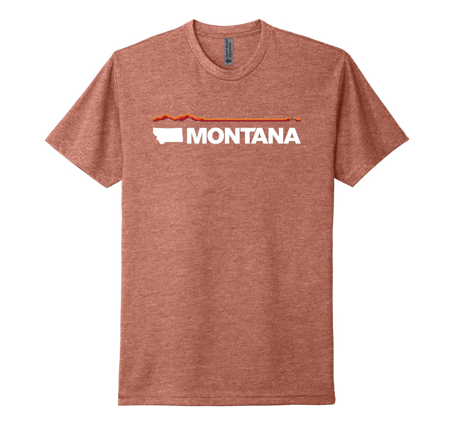 Heather redwood (light red) Next Level Apparel unisex adult tee featuring elements of the official MT Department of Commerce ‘Montana Brand’—the solid shape of the state and ‘Montana’ lettering—plus a red and orange line representing Montana’s geography (mountains in the west/ left to plains in the east/ right), made in Montana by Blue Peak Creative