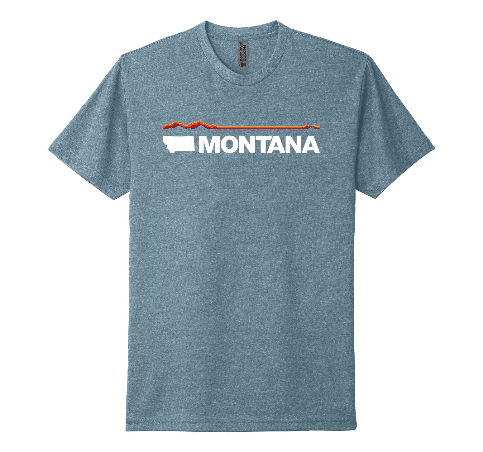 Heather slate blue Next Level Apparel unisex adult tee featuring elements of the official MT Department of Commerce ‘Montana Brand’—the solid shape of the state and ‘Montana’ lettering—plus a red and orange line representing Montana’s geography (mountains in the west/ left to plains in the east/ right), made in Montana by Blue Peak Creative