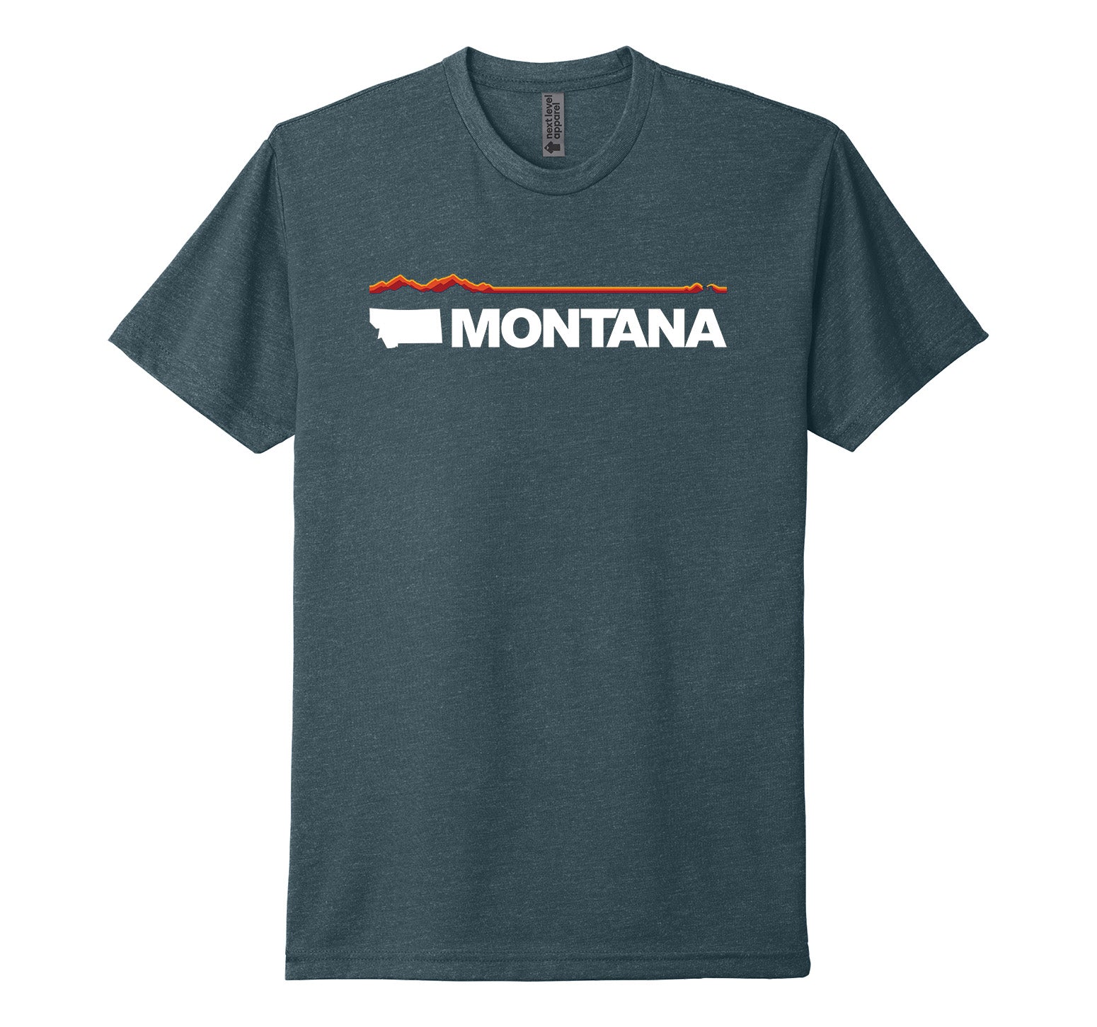 Indigo blue Next Level Apparel unisex adult tee featuring elements of the official MT Department of Commerce ‘Montana Brand’—the solid shape of the state and ‘Montana’ lettering—plus a red and orange line representing Montana’s geography (mountains in the west/ left to plains in the east/ right), made in Montana by Blue Peak Creative