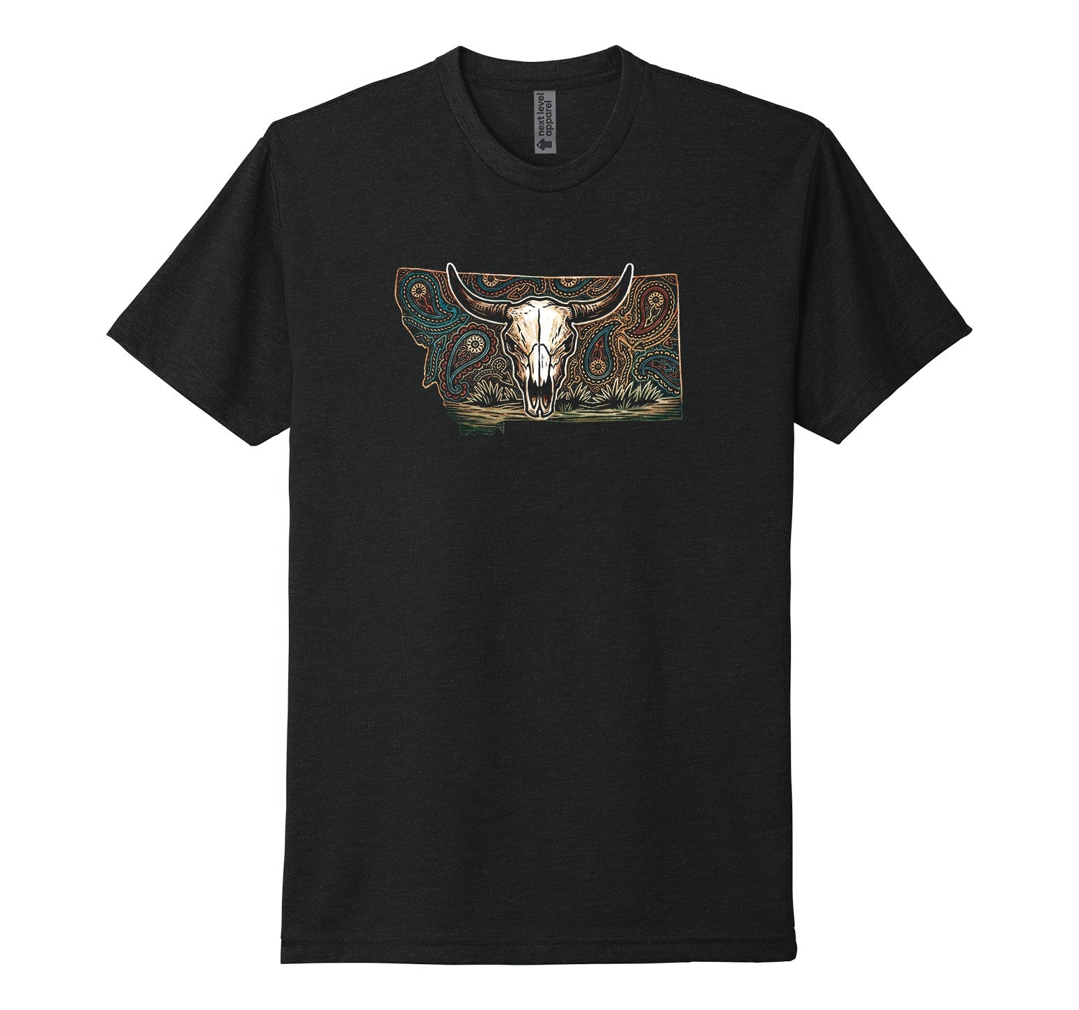 Black Next Level Apparel unisex tee featuring the outline of the state of Montana filled with paisley in earth tones and a steer skull, designed and printed in Montana by Blue Peak Creative