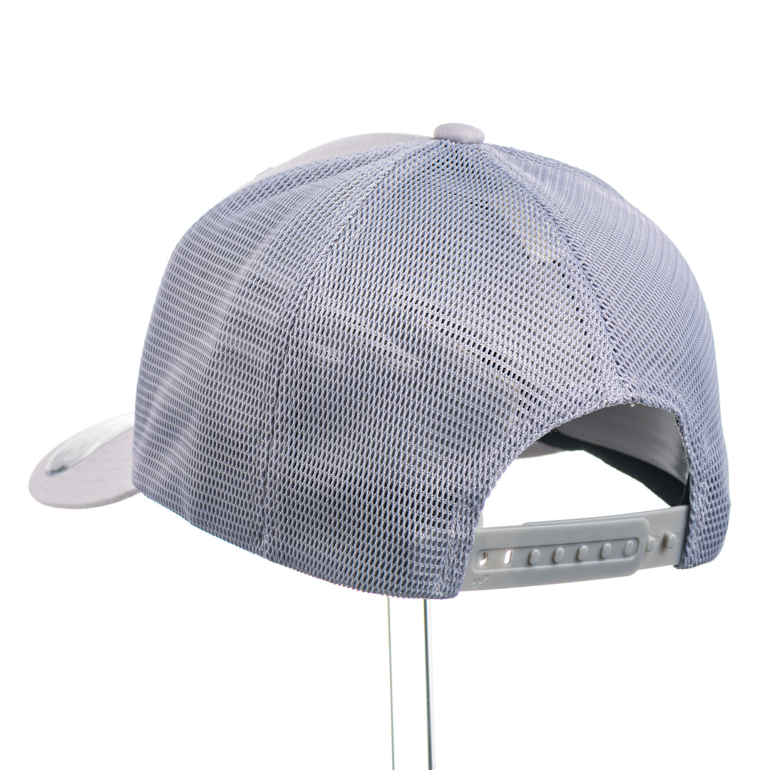 Back of a Paw with Griz - 110® Mesh-Back Cap—a silver and white trucker hat with an embroidered maroon and white UM Griz paw, made in Missoula, Montana (home of the UM Grizzlies) by Blue Peak Creative