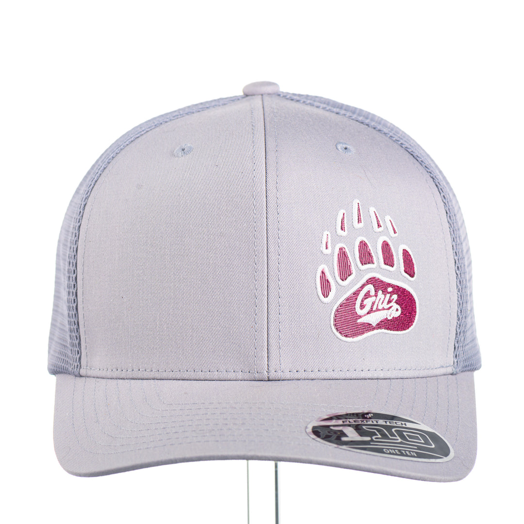 Front of a Paw with Griz - 110® Mesh-Back Cap—a silver and white trucker hat with an embroidered maroon and white UM Griz paw, made in Missoula, Montana (home of the UM Grizzlies) by Blue Peak Creative