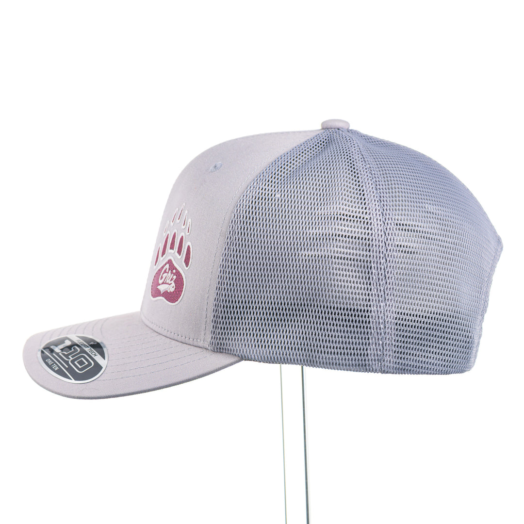 Side of a Paw with Griz - 110® Mesh-Back Cap—a silver and white trucker hat with an embroidered maroon and white UM Griz paw, made in Missoula, Montana (home of the UM Grizzlies) by Blue Peak Creative