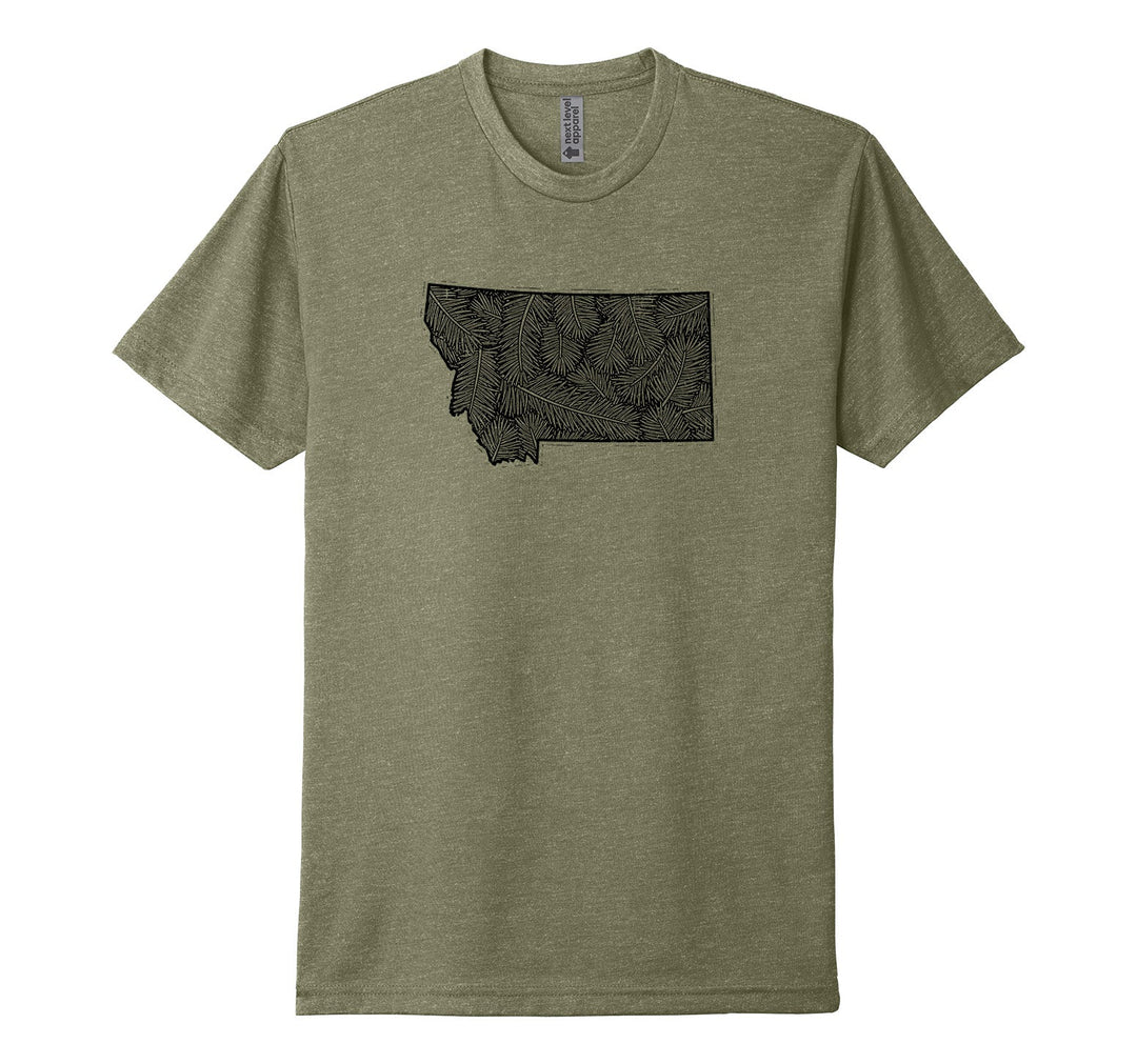 Light olive green Next Level Apparel unisex tee featuring the outline of the state of Montana filled with a black and white illustration of densely packed pine needles, designed and printed in Montana by Blue Peak Creative