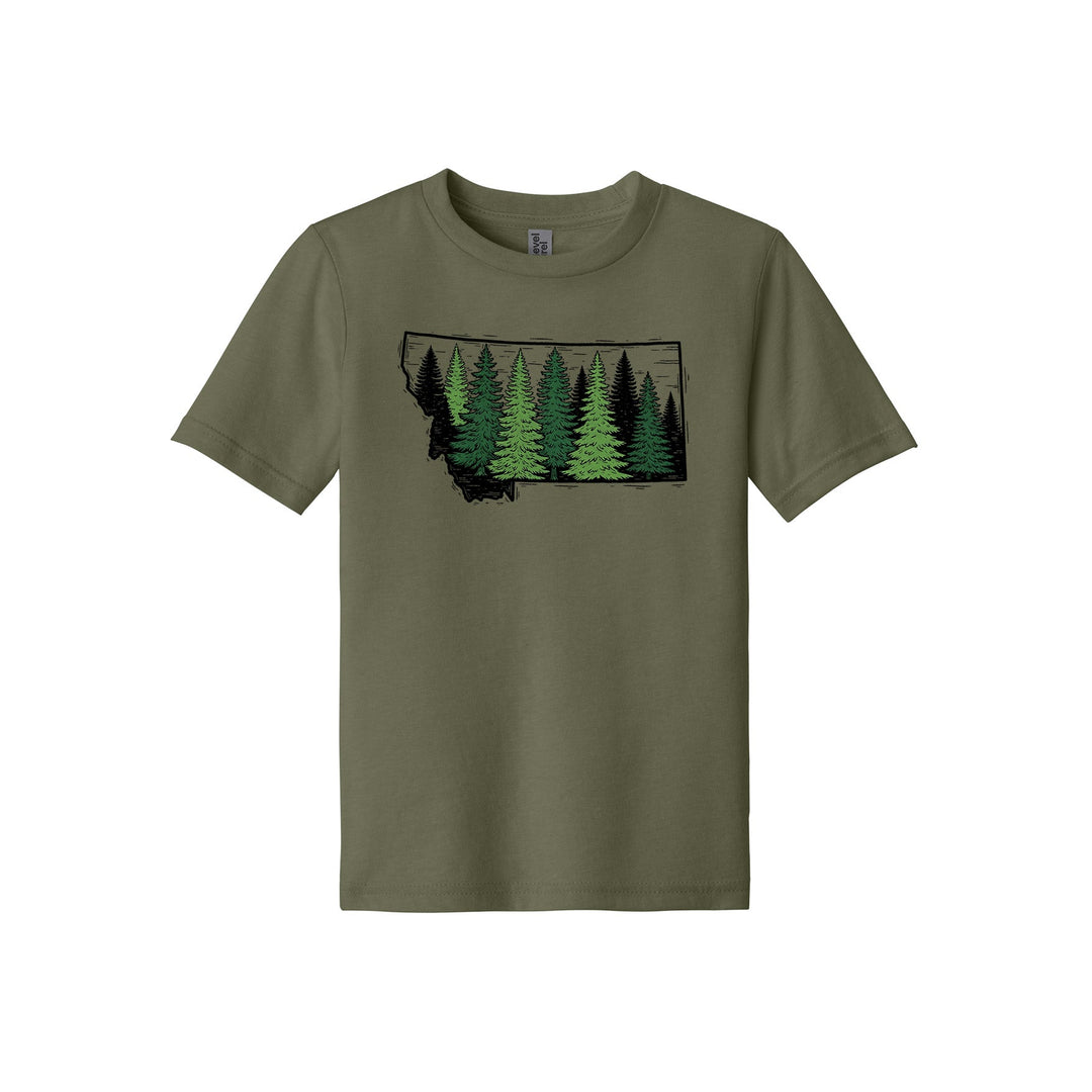 Military green Next Level Apparel unisex youth tee featuring the outline of the state of Montana filled in with multi-toned green trees, designed and printed in Montana by Blue Peak Creative