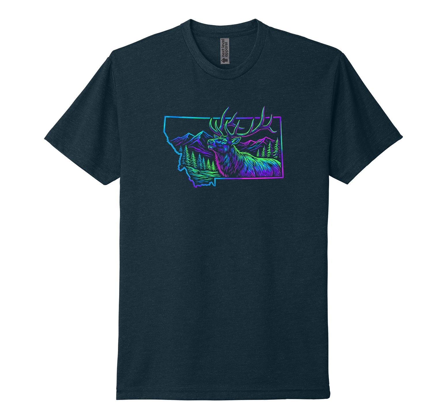 Midnight navy blue Next Level Apparel unisex tee featuring a brilliant blue, green, magenta, and purple  illustration of an elk jutting out of the outline of the state of Montana, filled mountains and trees, designed and printed in Montana by Blue Peak Creative