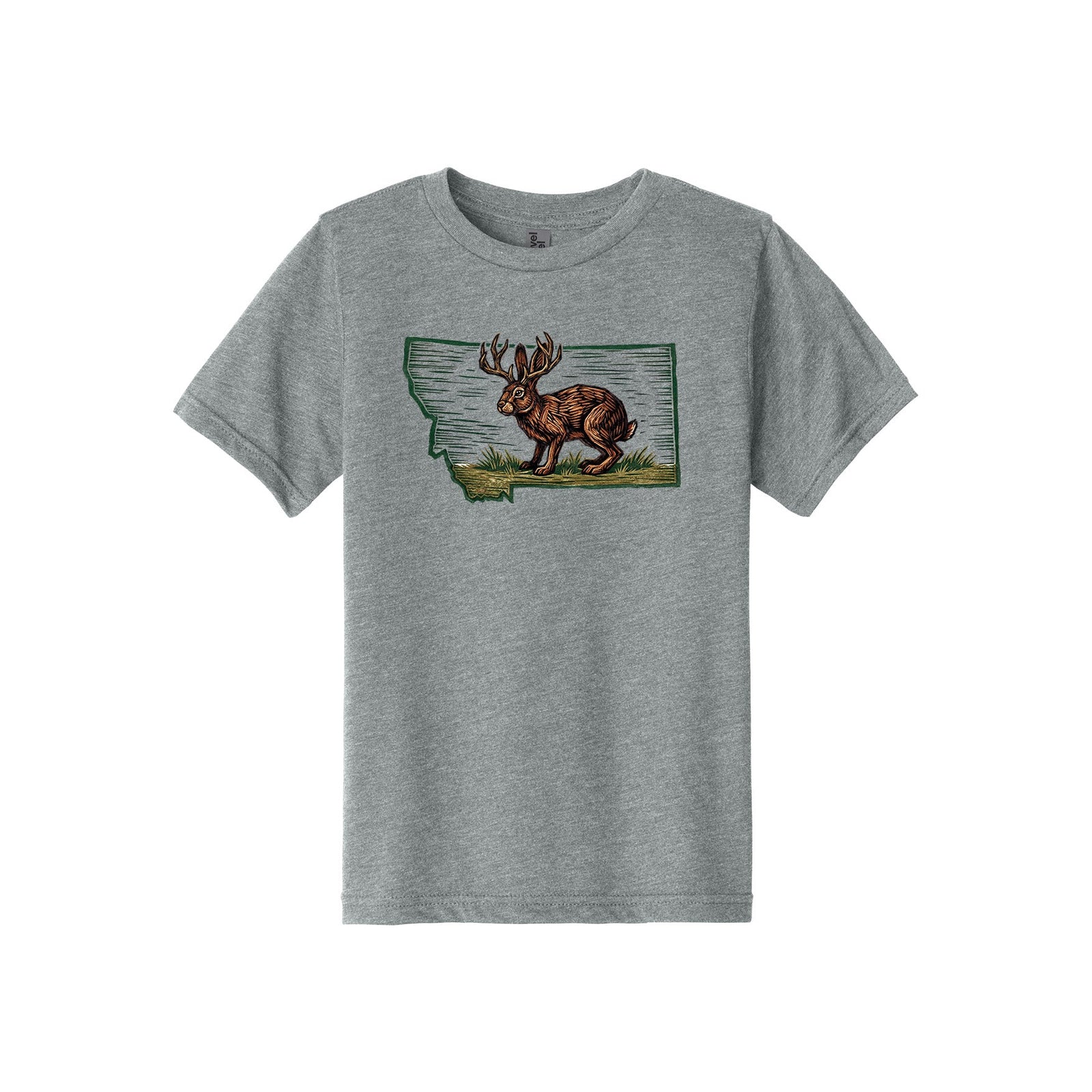 Dark heather grey Next Level Apparel youth tee featuring a watercolor-style illustration of a jackalope hopping through the outline of the state of Montana, designed and printed in Montana by Blue Peak Creative