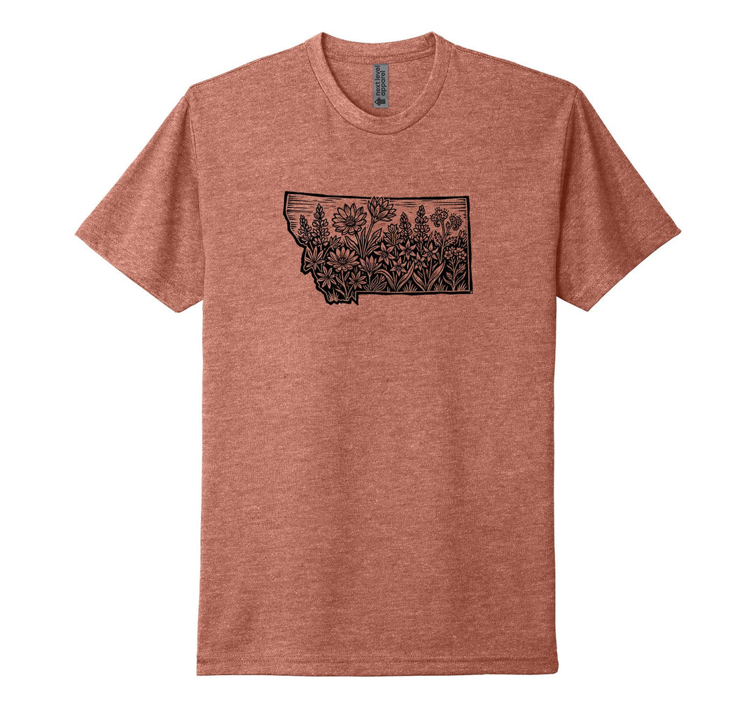 Heather redwood Next Level Apparel unisex tee featuring a woodcut-style illustration of wildflowers within the outline of the state of Montana, designed and printed in Montana by Blue Peak Creative