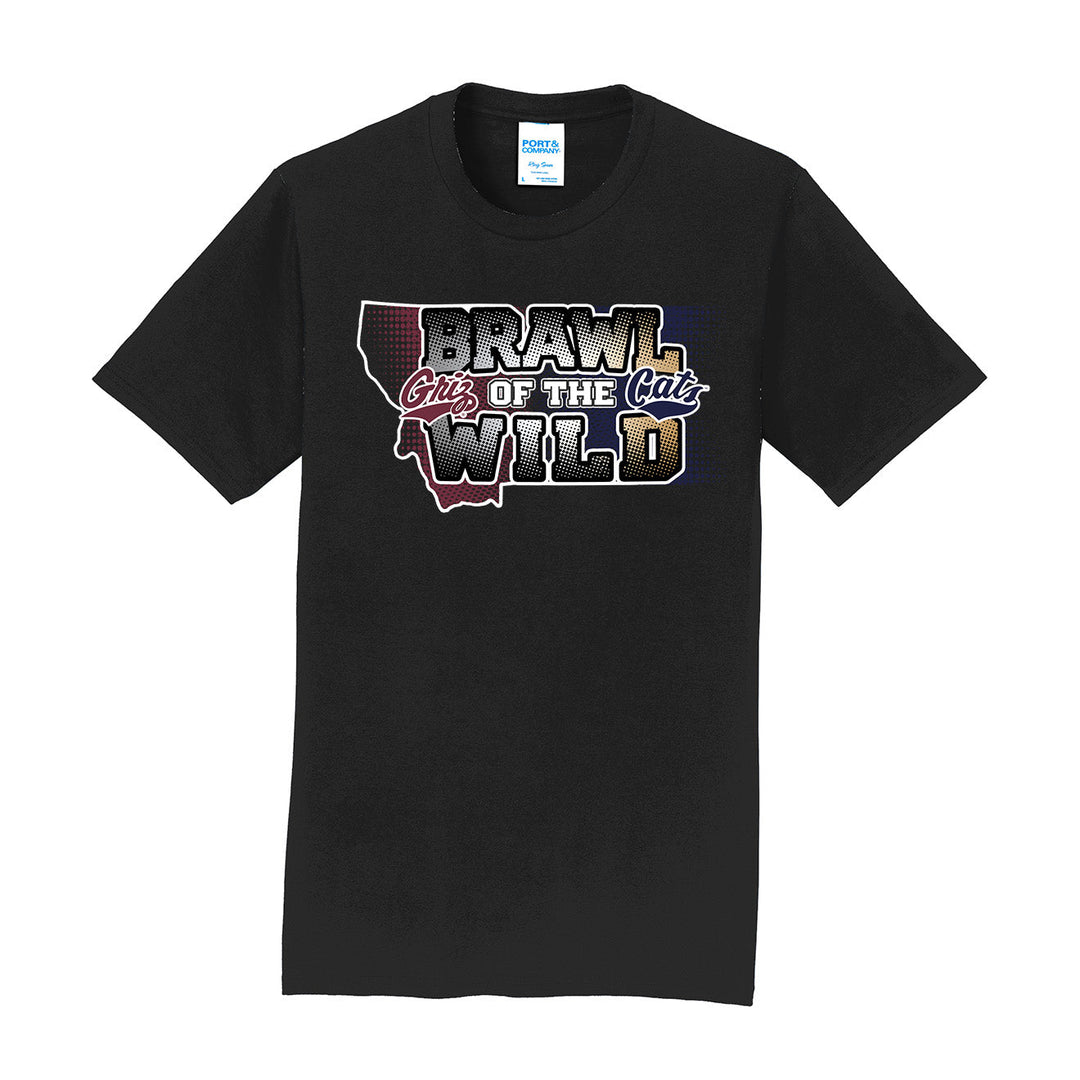 Black t-shirt with Um Griz and MSU Bobcats 'Brawl City of the Wild' graphic design on a white background