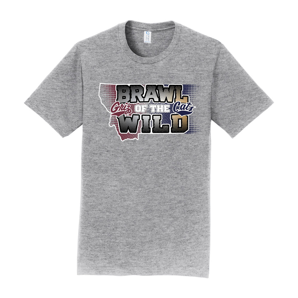 Gray t-shirt with UM Griz and MSU Bobcats 'Brawl Out of the Wild' text design on a white background
