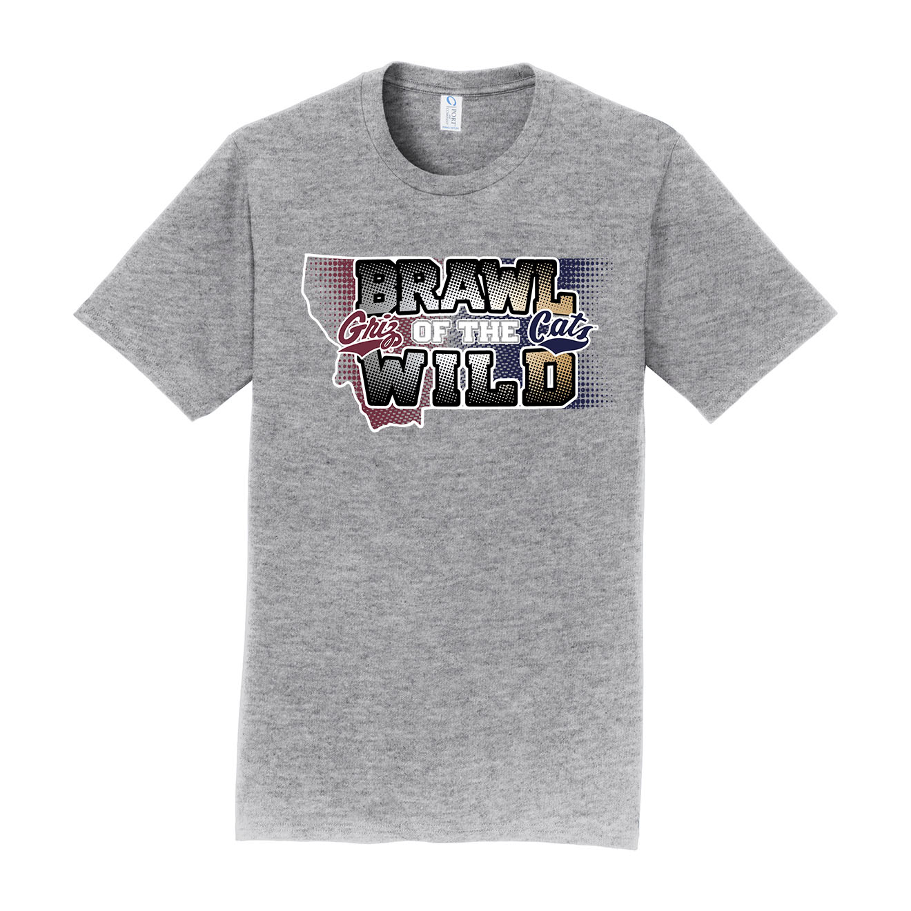 Gray t-shirt with UM Griz and MSU Bobcats 'Brawl Out of the Wild' text design on a white background