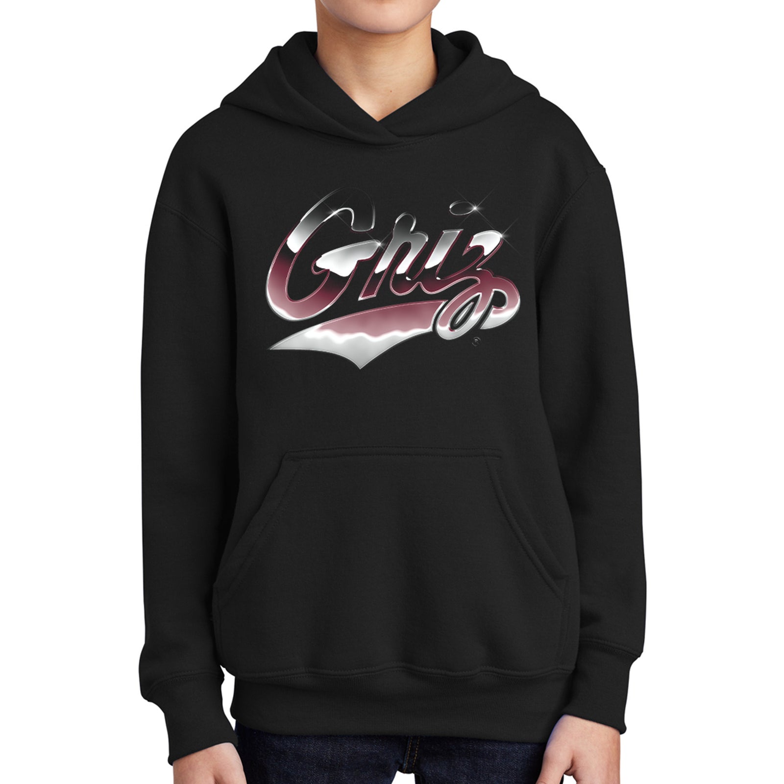 Black Chrome Griz - Youth Fleece Pullover Hooded Sweatshirt made in Missoula, MT (home of the UM Grizzlies) by Blue Peak Creative—a black Youth Fleece Pullover Hoodie with the Chrome Griz design in silver and maroon.