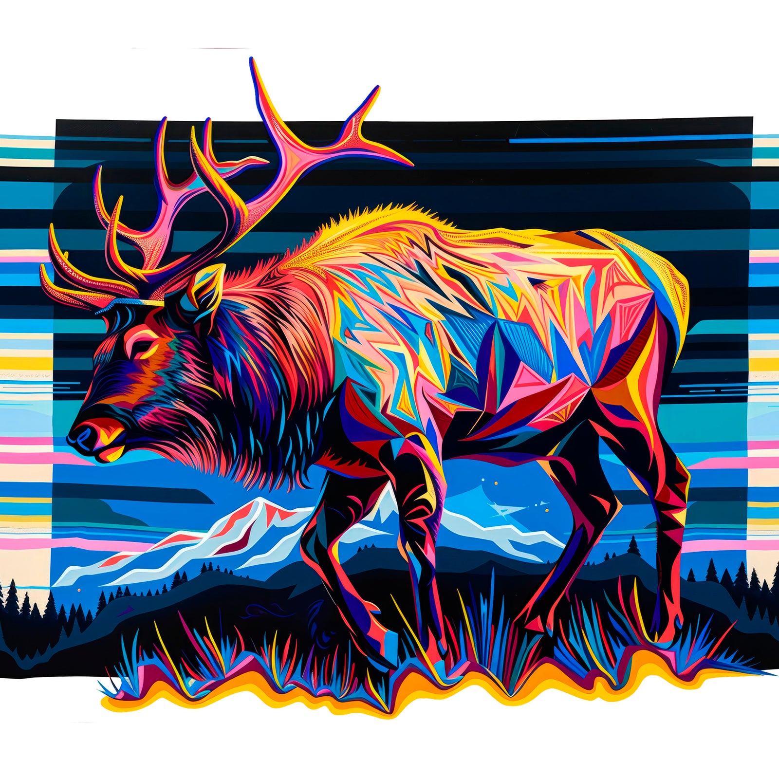 The art for a 20oz stainless steel shimmer tumbler with a metal straw--a colorful geometric elk with mountains and vibrant colors in the background. Design created and printed on the tumbler in Montana, USA by Blue Peak Creative.