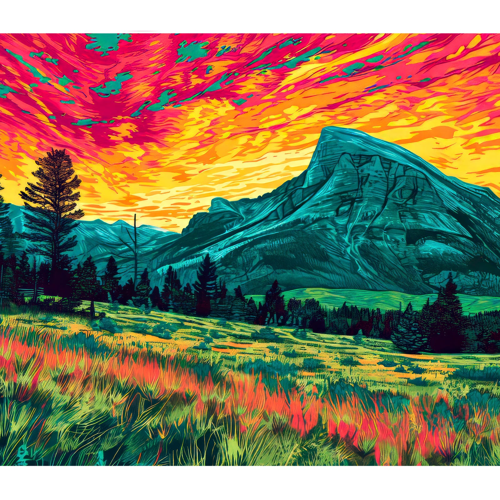 Art for a 20oz shimmer tumbler with a metal straw designed and printed by Blue Peak Creative in Montana, USA. The art is a stunning sunset over a mountain and a field dotted with  wildflowers.