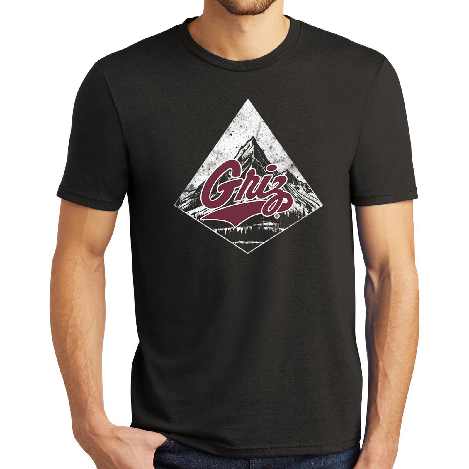 Blue Peak Creative's Black Tri-blend Crew T-shirt with the Diamond Mountain Griz design, made in Missoula, MT (home of the UM Grizzlies) by Blue Peak Creative