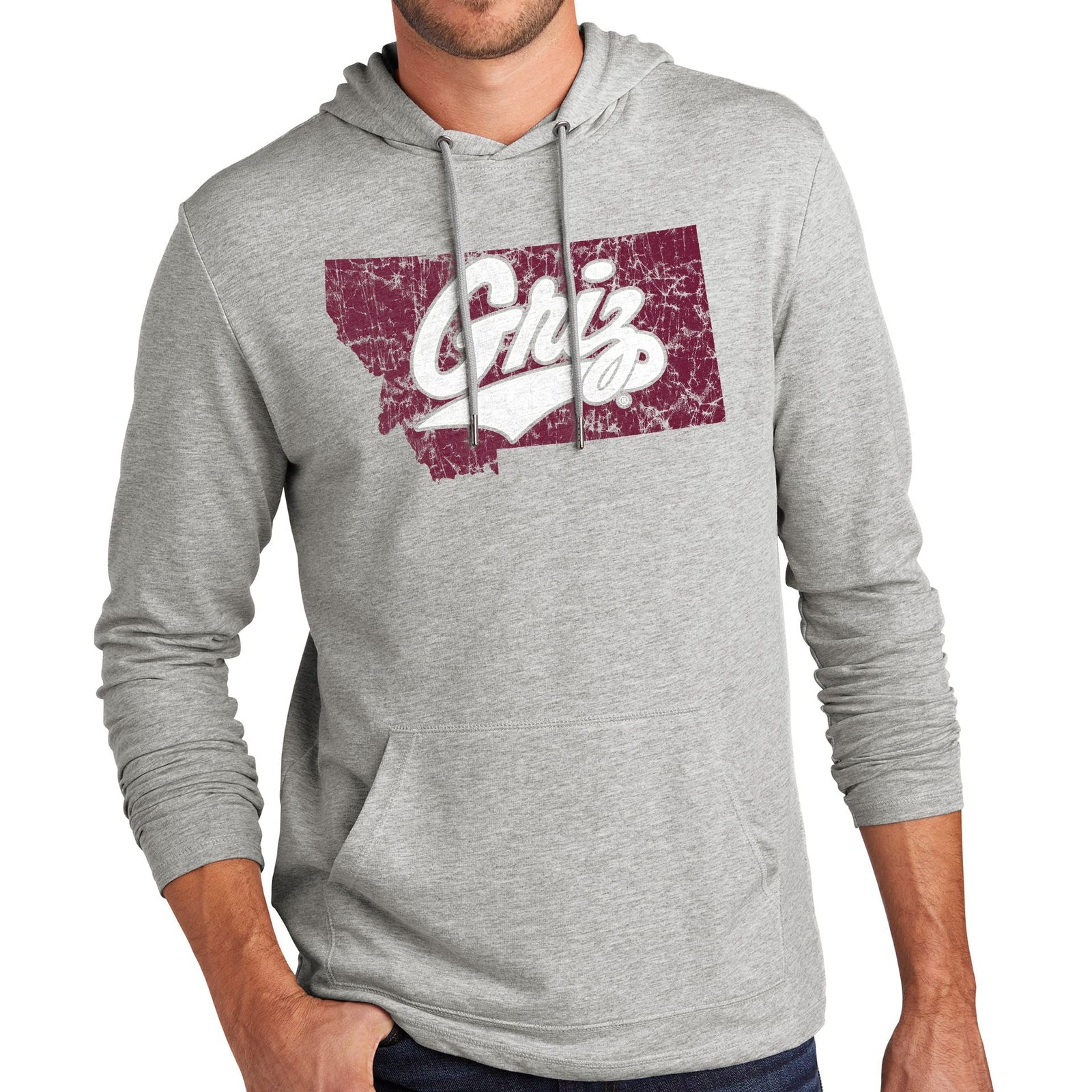 Grey Distressed Griz MT - Featherweight French Terry Hoodie made in Missoula, MT (home of the UM Grizzlies) by Blue Peak Creative—a lightweight grey French Terry hoodie printed with a distressed white Griz script over maroon Montana state silhouette
