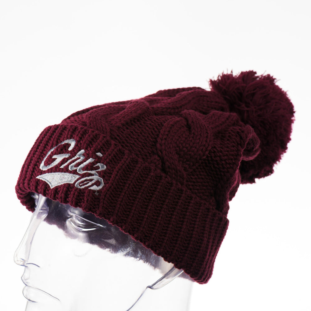 Maroon Embroidered Griz Script - Chunk Twist Cuffed Beanie made in Missoula, MT (home of the UM Grizzlies) by Blue Peak Creative--a maroon-colored, chunk twist cuffed beanie with 'Griz' embroidered on the front.