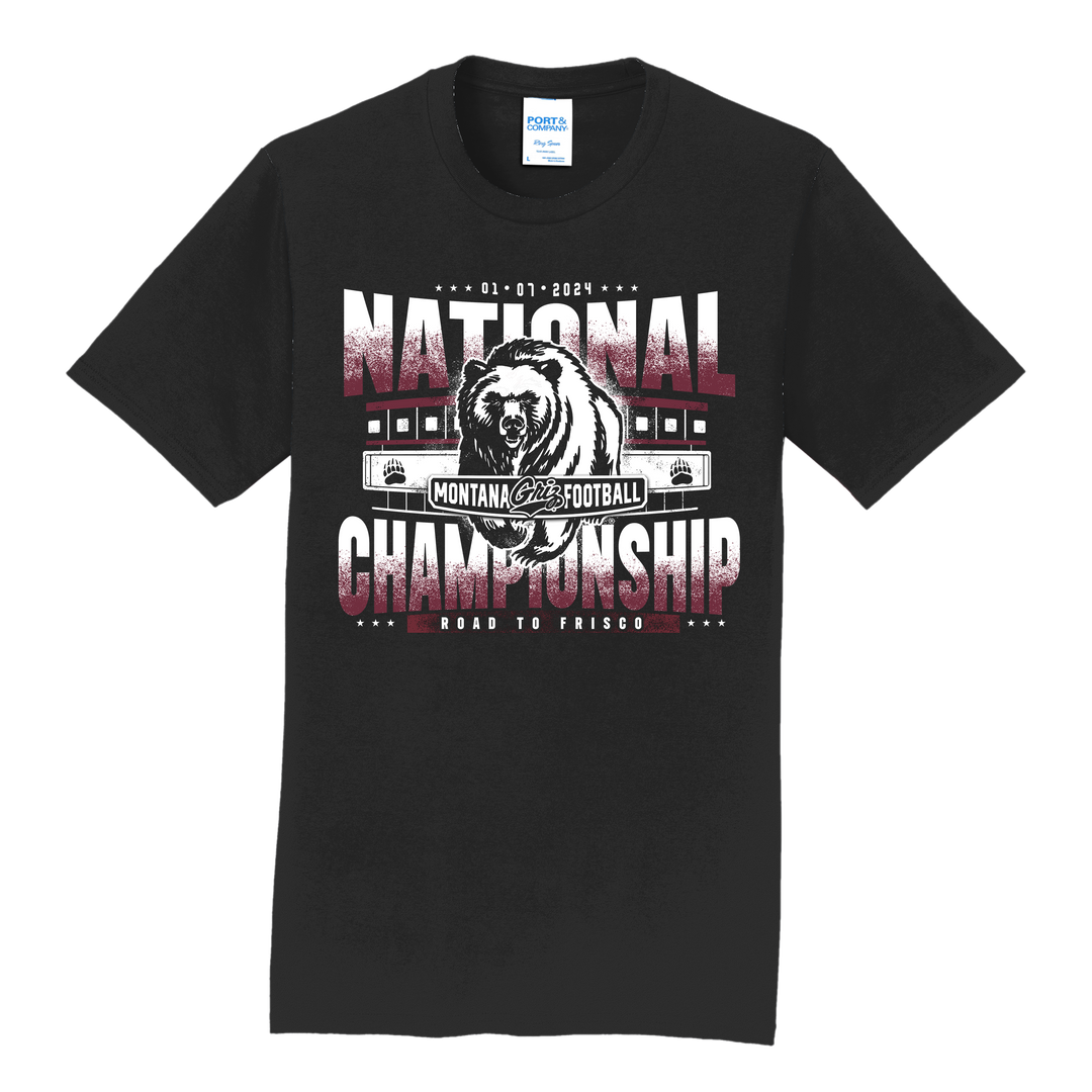 Black Frisco Bound - UM Grizzlies National Championship Shirt made in Missoula, MT (home of the UM Grizzlies) by Blue Peak Creative—a black short-sleeved t-shirt with 'National Championship' text and a bear graphic, commemorating the 2023 Championship game.