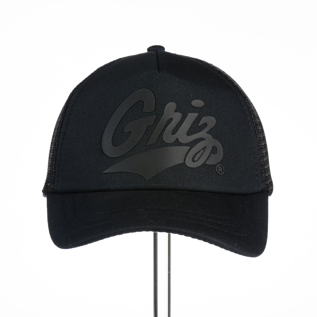 Griz Black Vinyl - Foam Trucker Hat made in Missoula, MT (home of the UM Grizzlies) by Blue Peak Creative—a black-on-black foam trucker hat decorated with vinyl University of Montana Griz script, front