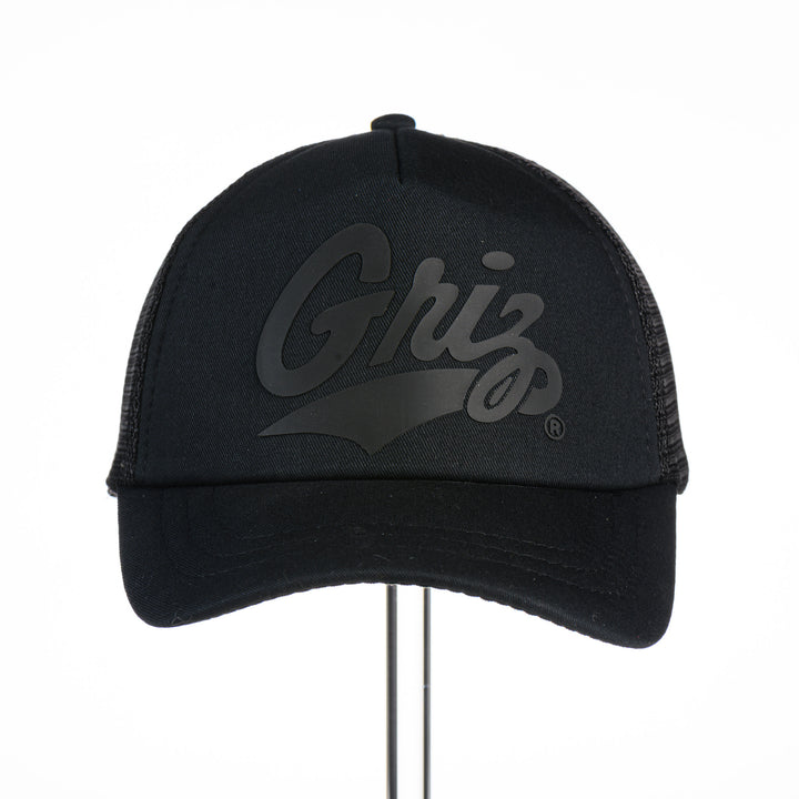 Griz Black Vinyl - Foam Trucker Hat made in Missoula, MT (home of the UM Grizzlies) by Blue Peak Creative—a black-on-black foam trucker hat decorated with vinyl University of Montana Griz script, front
