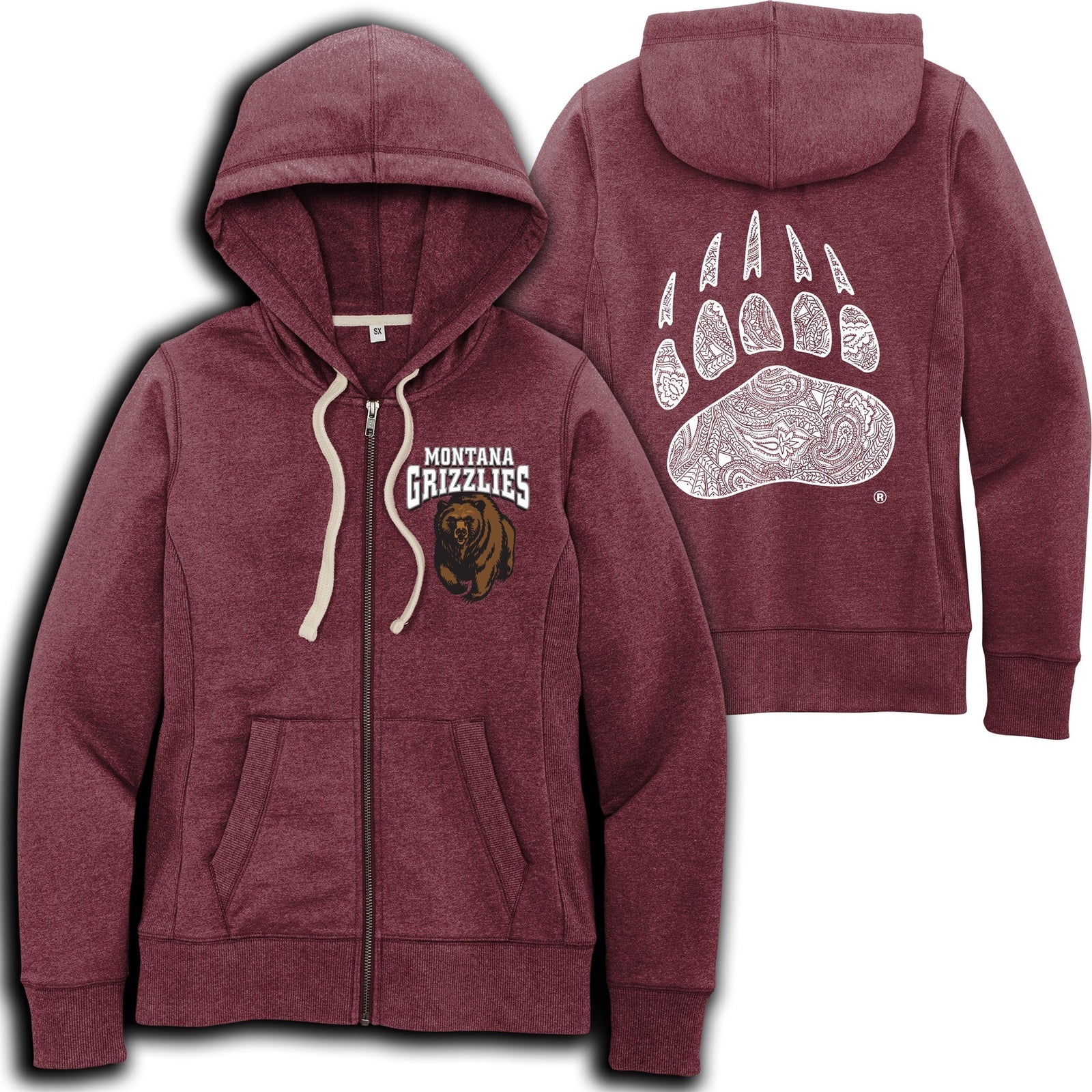 Maroon Griz Charging Bear Chest & Silver Shimmer Paw Backside - Women's Recycled Full-Zip Hoodie made in Missoula, MT (home of the UM Grizzlies) by Blue Peak Creative—a maroon full-zip hooded sweatshirt printed with the Montana Grizzlies charging bear design on front and a large paisley bear paw on the back in shimmering silver ink