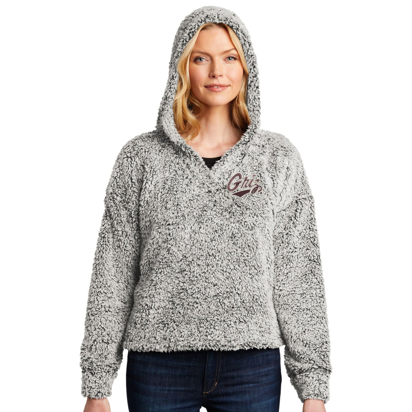 Grey Outlined Griz Script - Women's Cozy Fleece Hoodie made in Missoula, MT (home of the UM Grizzlies) by Blue Peak Creative—a grey fuzzy fleece hoodie embroidered with the University of Montana Griz script in maroon