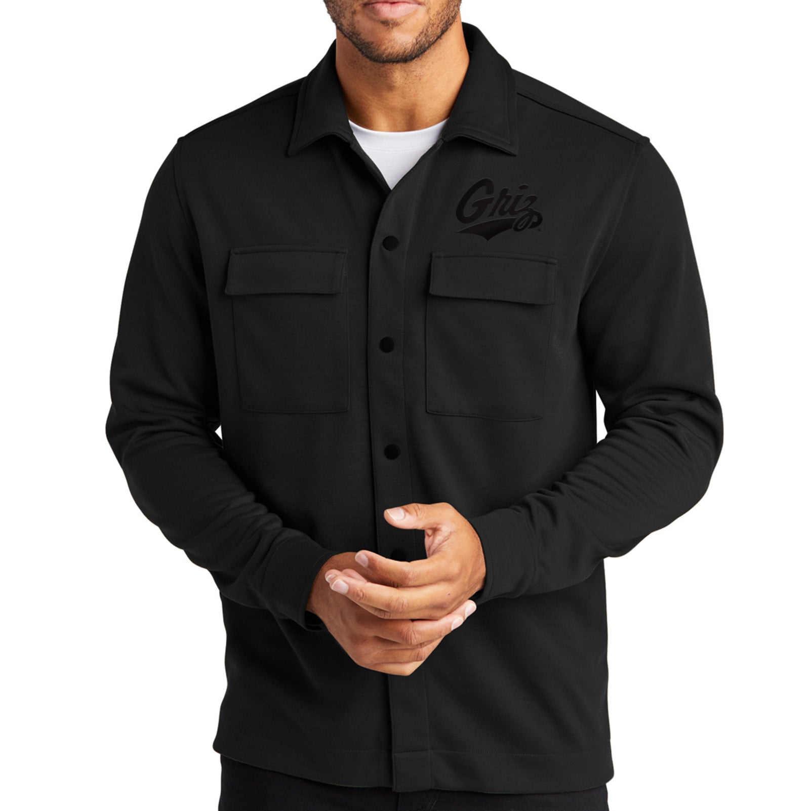 Black Griz Script - Double-Knit Snap Front Jacket made in Missoula, MT (home of the UM Grizzlies) by Blue Peak Creative—a matte black double-knit polyester lightweight jacket decorated with a black vinyl Griz Script