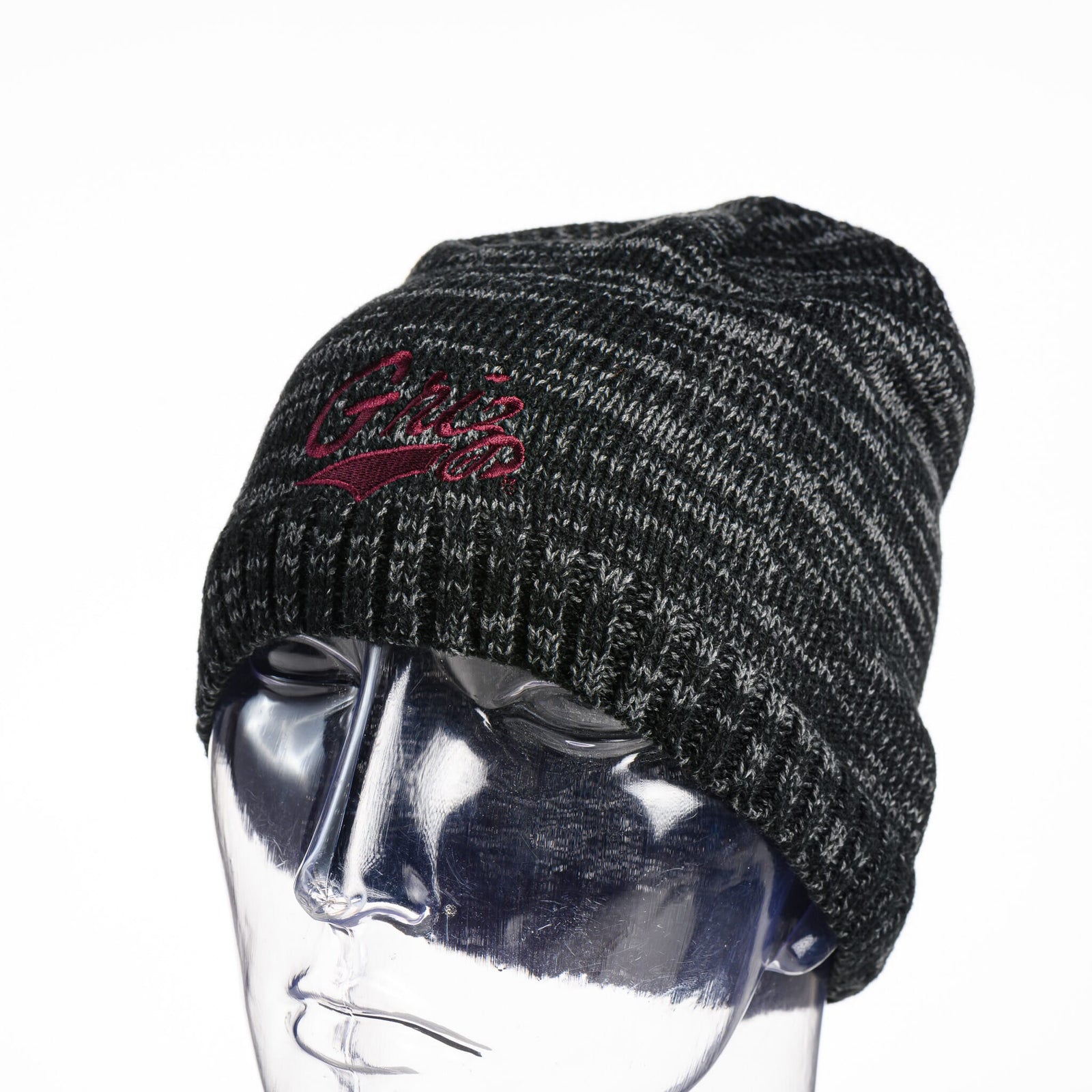 Black Griz Script - Space Dyed Beanie made in Missoula, MT (home of the UM Grizzlies) by Blue Peak Creative—a black heather space dyed beanie embroidered with the University of Montana Griz script in maroon