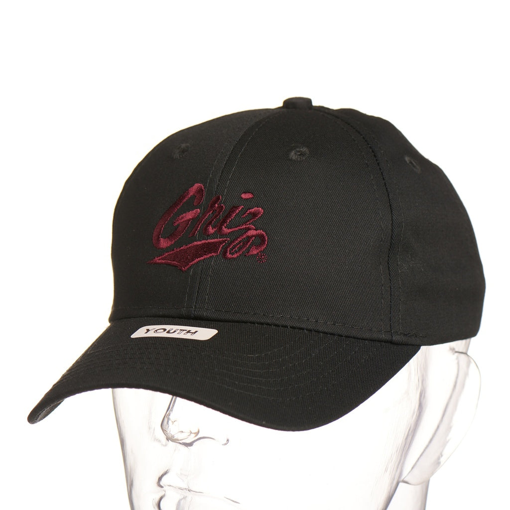 Black Griz Script - Youth Six-Panel Twill Hat made in Missoula, MT (home of the UM Grizzlies) by Blue Peak Creative—a black six-panel, twill youth-sized baseball cap embroidered with the University of Montana Griz script in maroon
