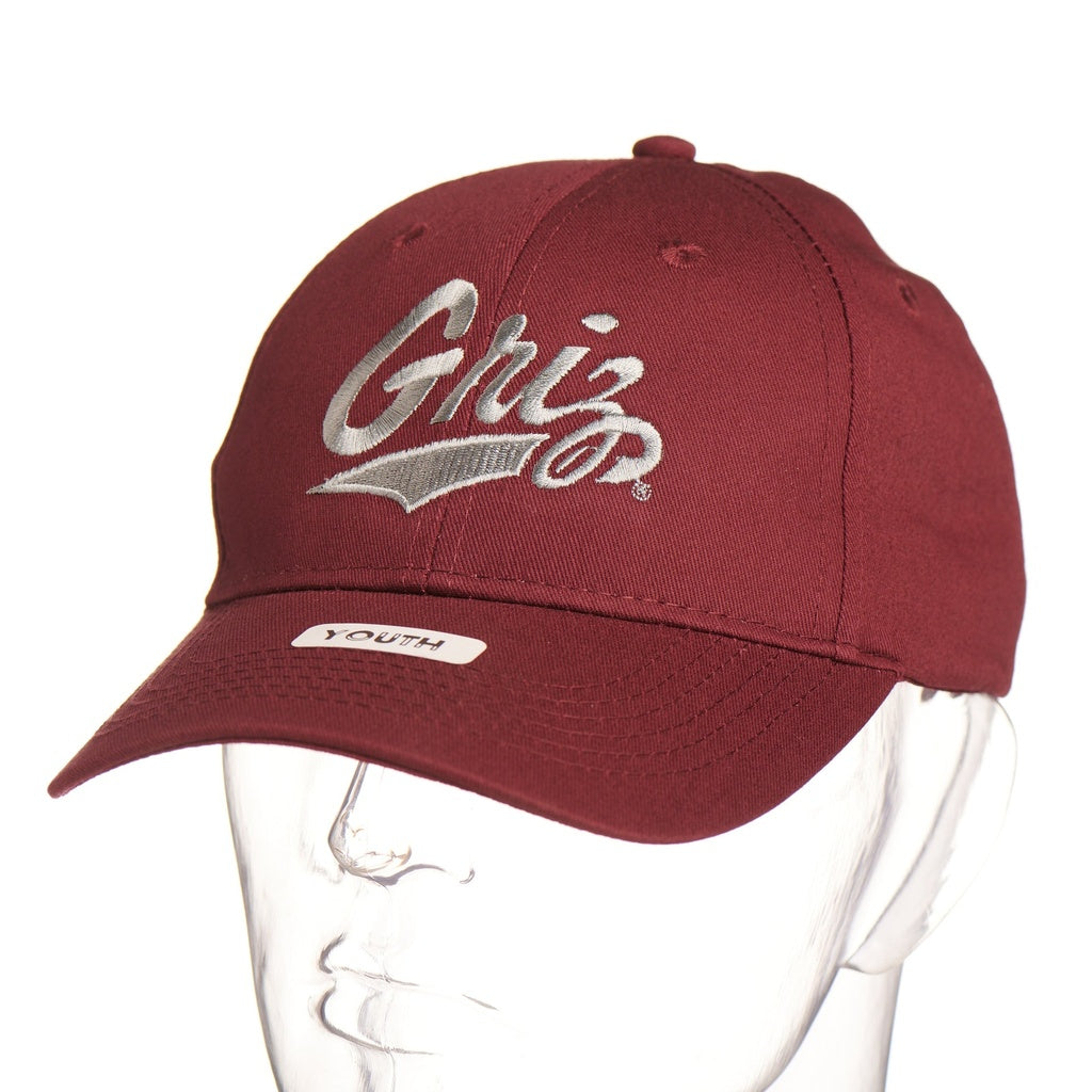 Maroon Griz Script - Youth Six-Panel Twill Hat made in Missoula, MT (home of the UM Grizzlies) by Blue Peak Creative—a maroon six-panel, twill youth-sized baseball cap embroidered with the University of Montana Griz script in silver