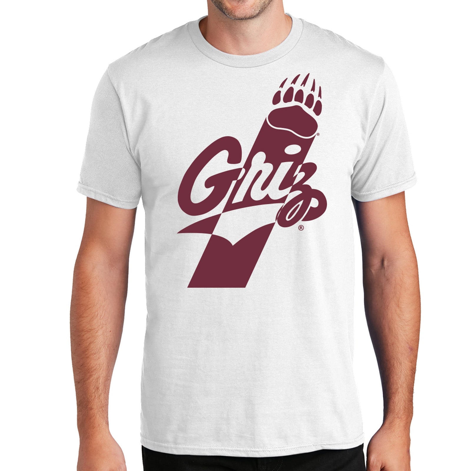 White Griz Stripe Paw - Cotton Tee made in Missoula, MT (home of the UM Grizzlies) by Blue Peak Creative—a white cotton tee printed with the maroon Griz strip paw design